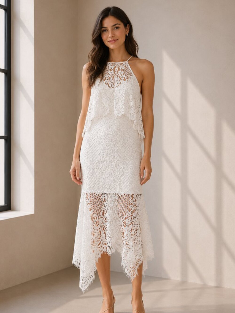 *Shona Joy Lace High Neck Handkerchief Dress Ivory NWT US 2 0511